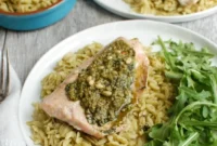 Pesto Salmon with Creamy Parmesan Orzo