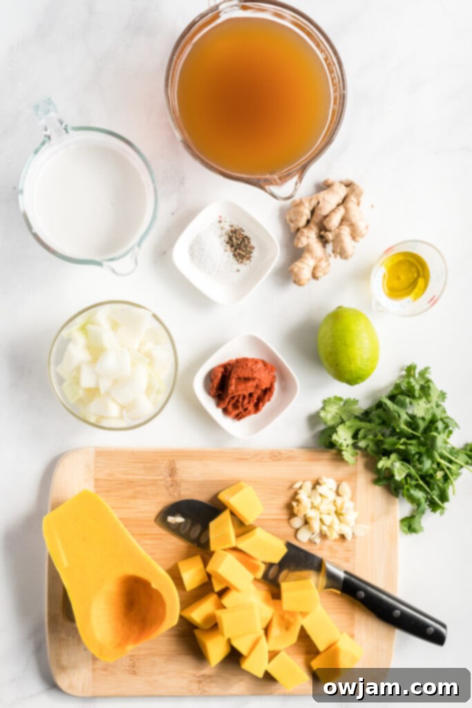 Golden Curry Butternut Squash Soup 3 Curried Butternut Squash Soup ingredients laid out on a table