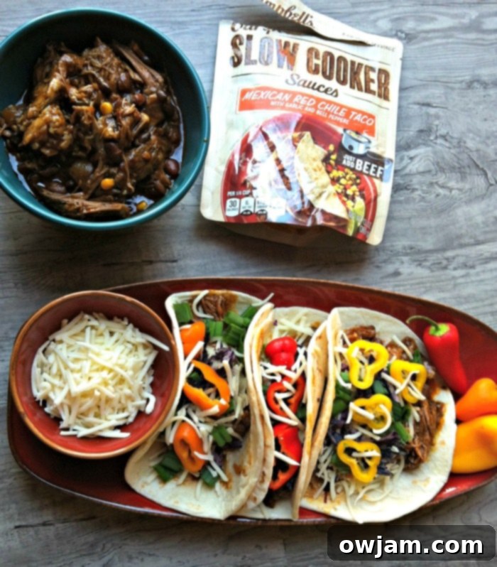 Close-up of Slow Cooker Mexican Red Chili Tacos mixture with beans and corn