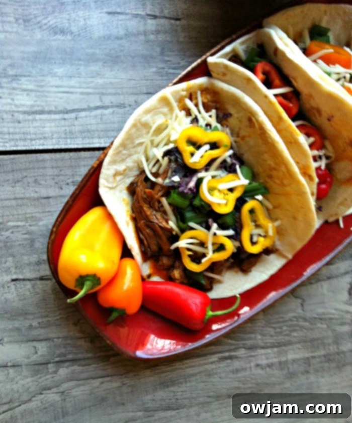 Finished Slow Cooker Mexican Red Chili Tacos with corn and cilantro