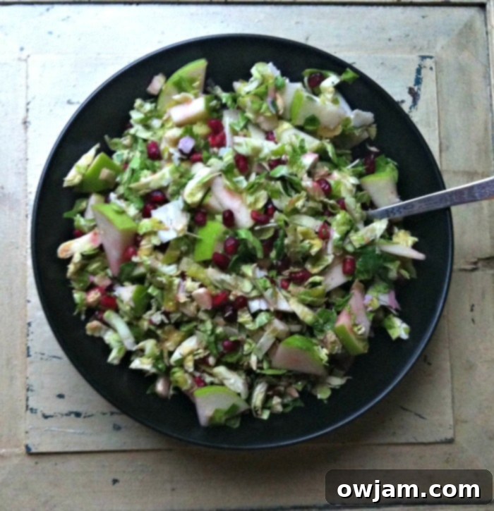 Crisp Shaved Brussels Sprout Salad with Apple and Pomegranate 5 A close-up view of the Shaved Brussels Sprout Salad in a bowl, showing the texture and colors of ingredients.