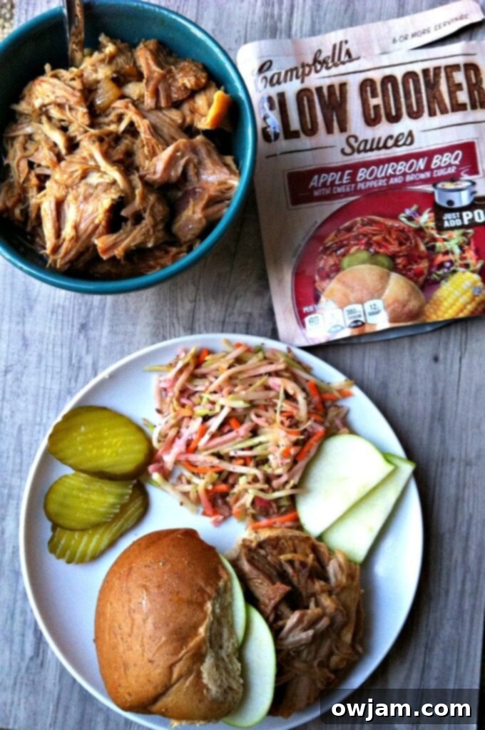 Delicious Slow Cooker Apple Bourbon BBQ Pork Sandwiches