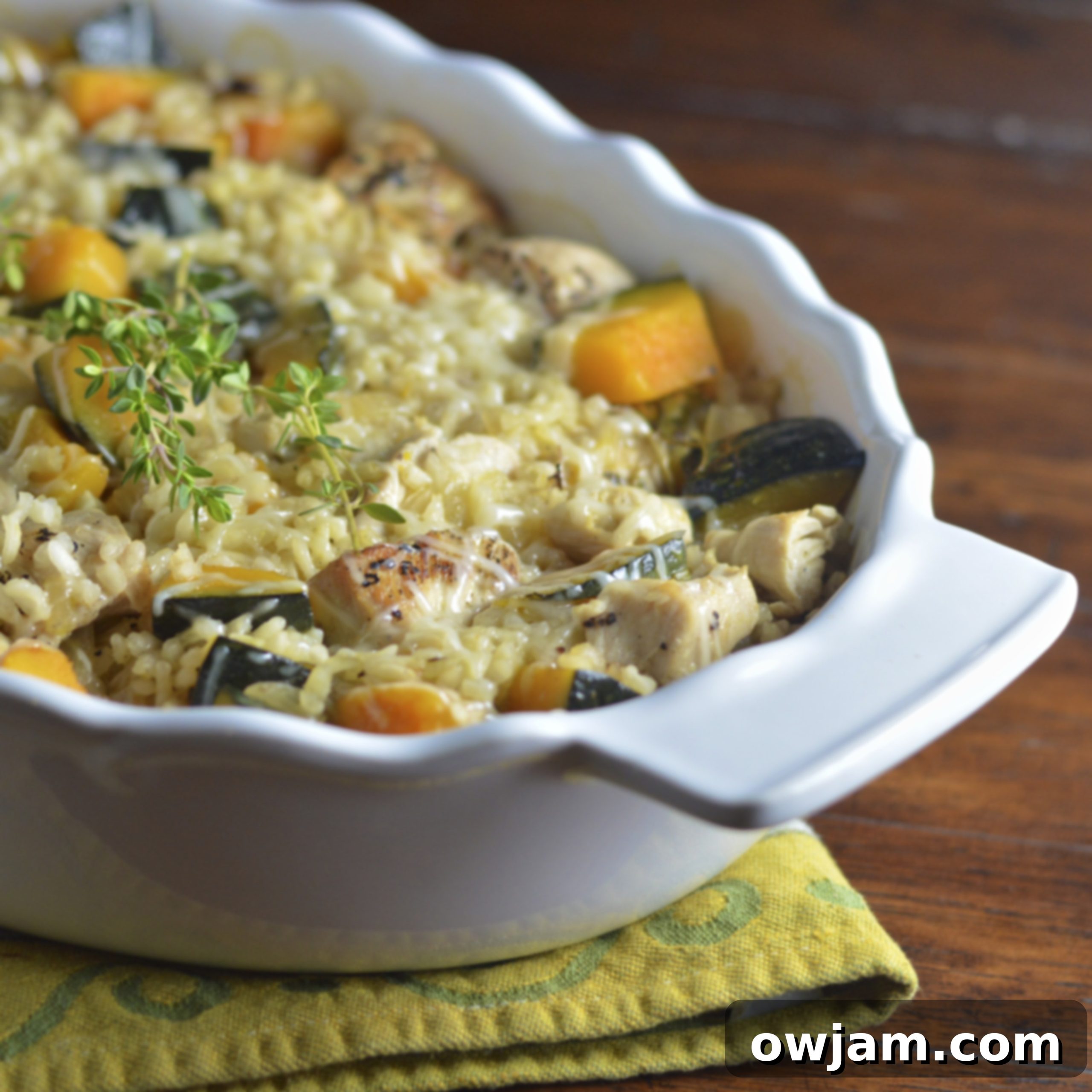 Kabocha Squash Chicken Risotto Bake 5 Baked Chicken Kabocha Squash Risotto Recipe on a yellow napkin.