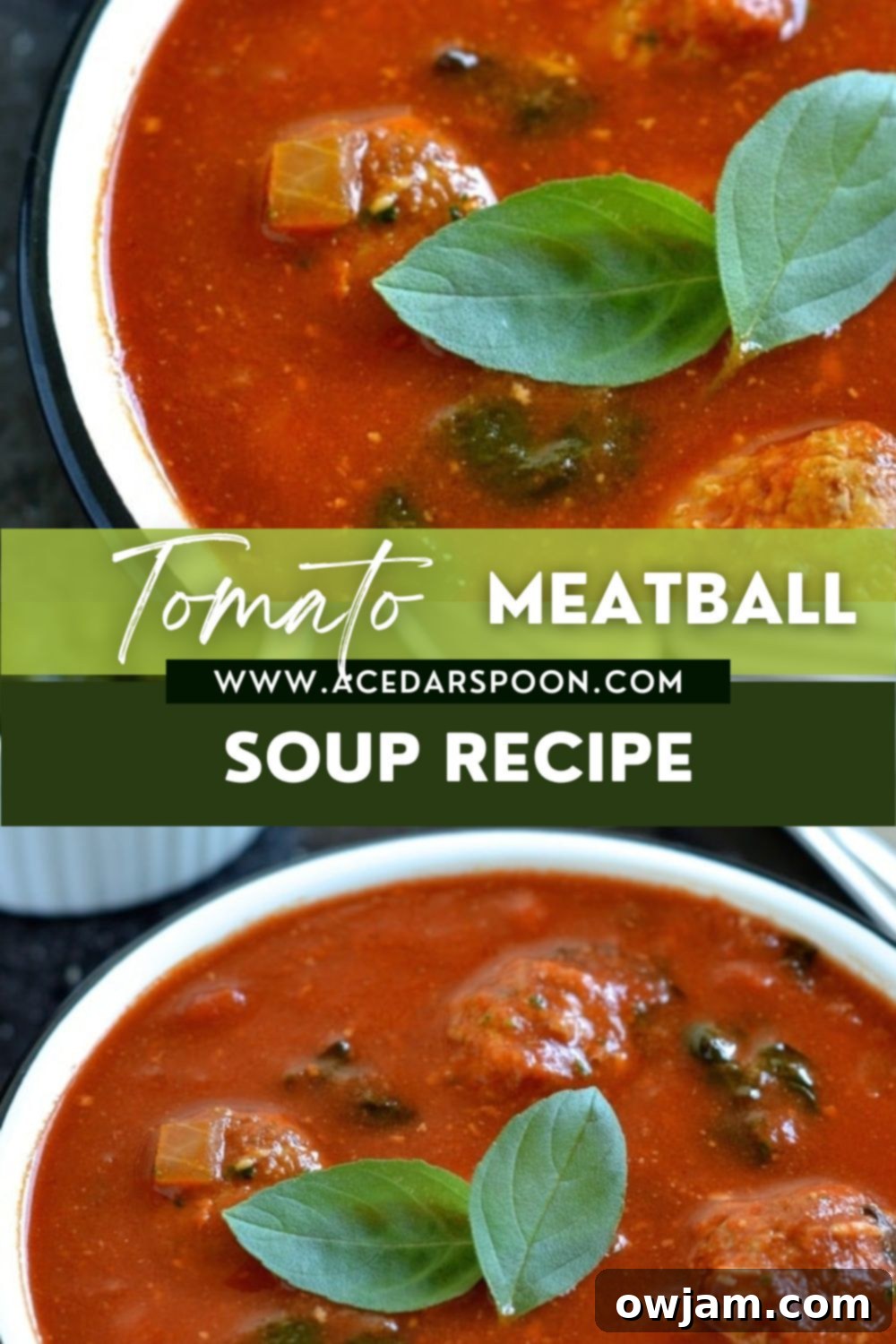 A top-down view of Spinach and Tomato Soup with Meatballs, garnished with fresh basil, ready to eat.