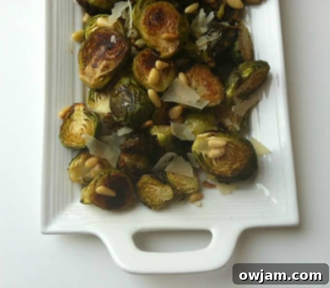 Close-up of flash fried Brussels sprouts with bacon and a drizzle of sauce