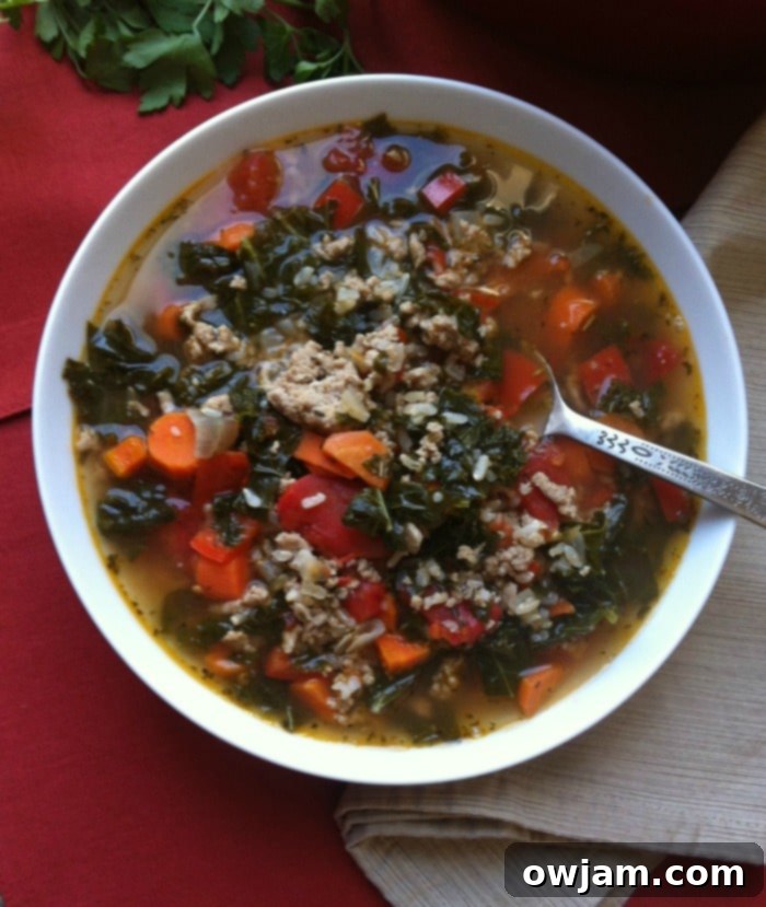 Delicious Turkey, Kale, and Brown Rice Soup ready to be served in a rustic bowl