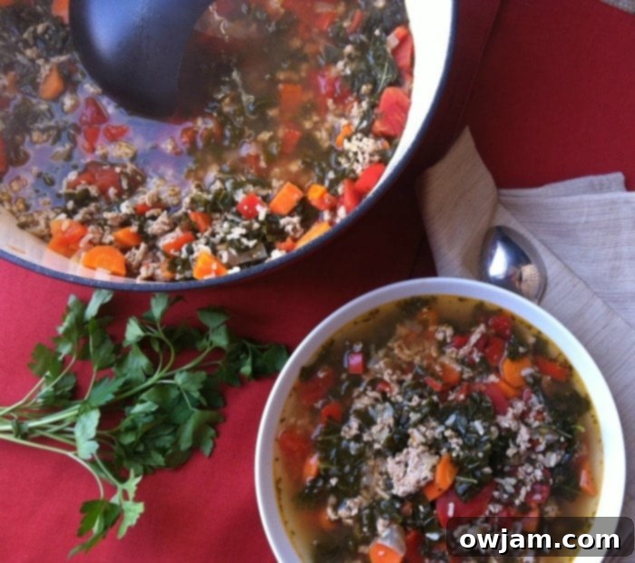 Close-up of a spoonful of Turkey Kale and Brown Rice Soup, showing the texture and hearty ingredients