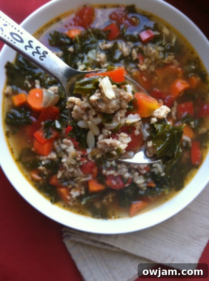 Fresh ingredients including kale, diced tomatoes, and brown rice piled together, ready for the Turkey Kale Soup
