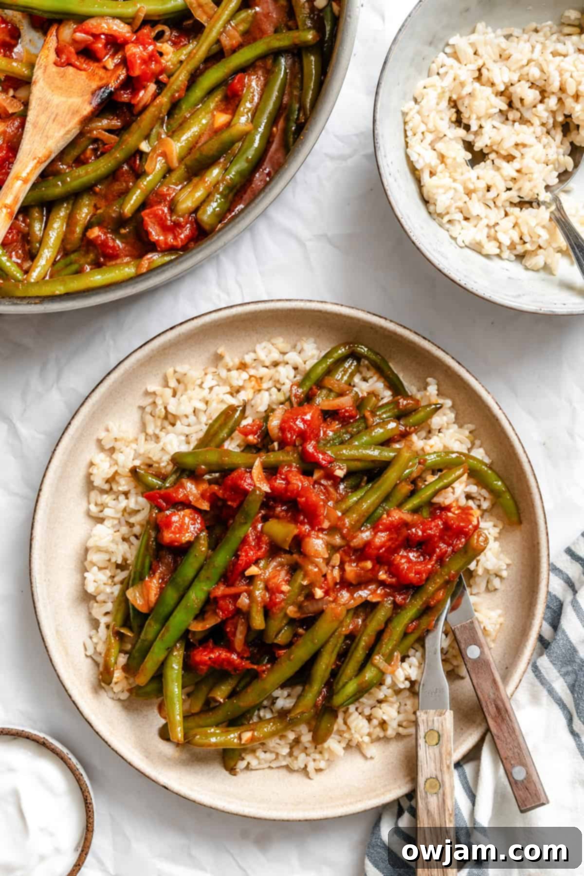 Lebanese Green Bean Stew 8 A perfectly portioned serving of Lebanese Green Beans (Lubee Bi Zeit) presented on a clean white plate, ready to be eaten, highlighting its inviting colors and textures.