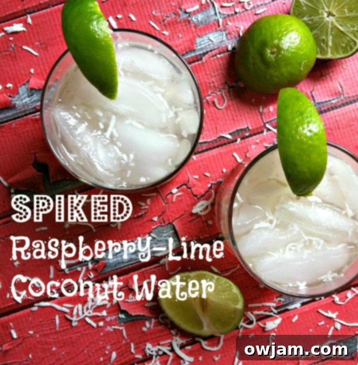 Refreshing Spiked Raspberry Lime Coconut Water Cocktail with Fresh Garnishes