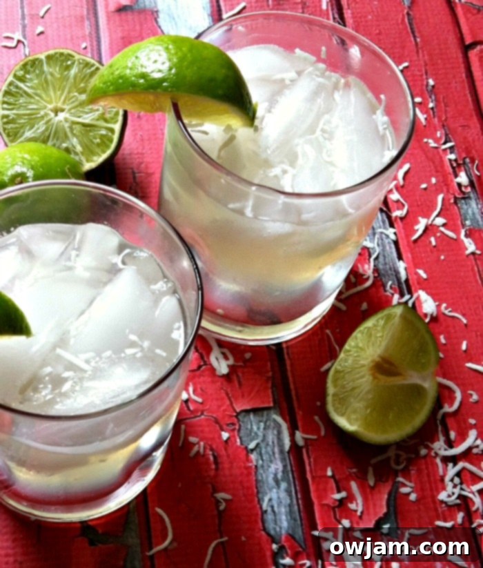Close-up of a Spiked Raspberry Lime Coconut Water Cocktail with Ice