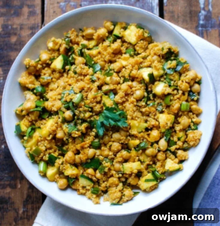 Zesty Zucchini Quinoa Chickpea Bowl 6 Zucchini Chickpea Quinoa Salad in white bowl