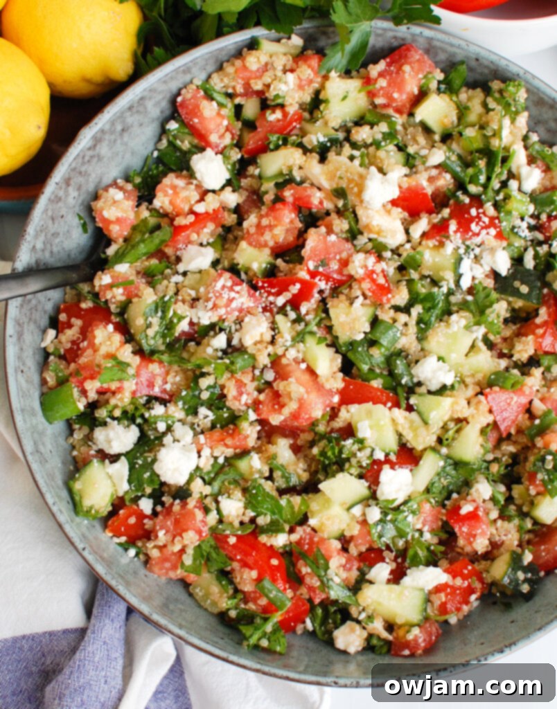 Bright Mediterranean Quinoa Salad 4 Large bowl of Tomato Cucumber Feta Quinoa Salad ready to serve