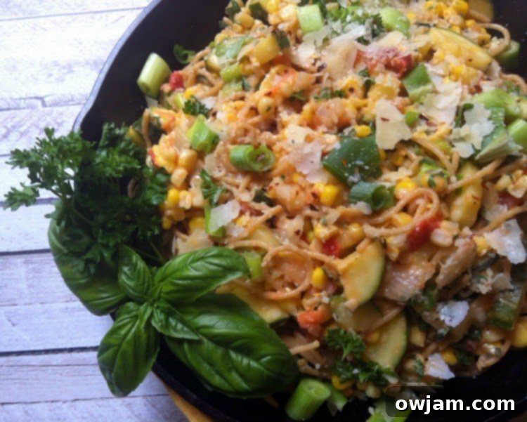 Vibrant 30-Minute Garden Pasta Skillet, showcasing fresh summer vegetables and pasta in a delicious one-pan meal.