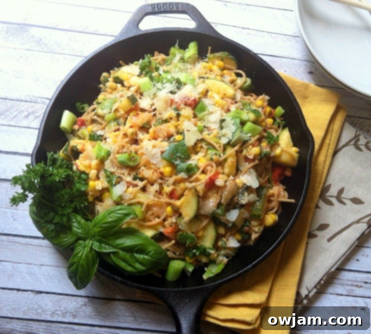 A close-up of the delightful Garden Pasta Skillet, ready to be served, highlighting its fresh ingredients and comforting appeal.