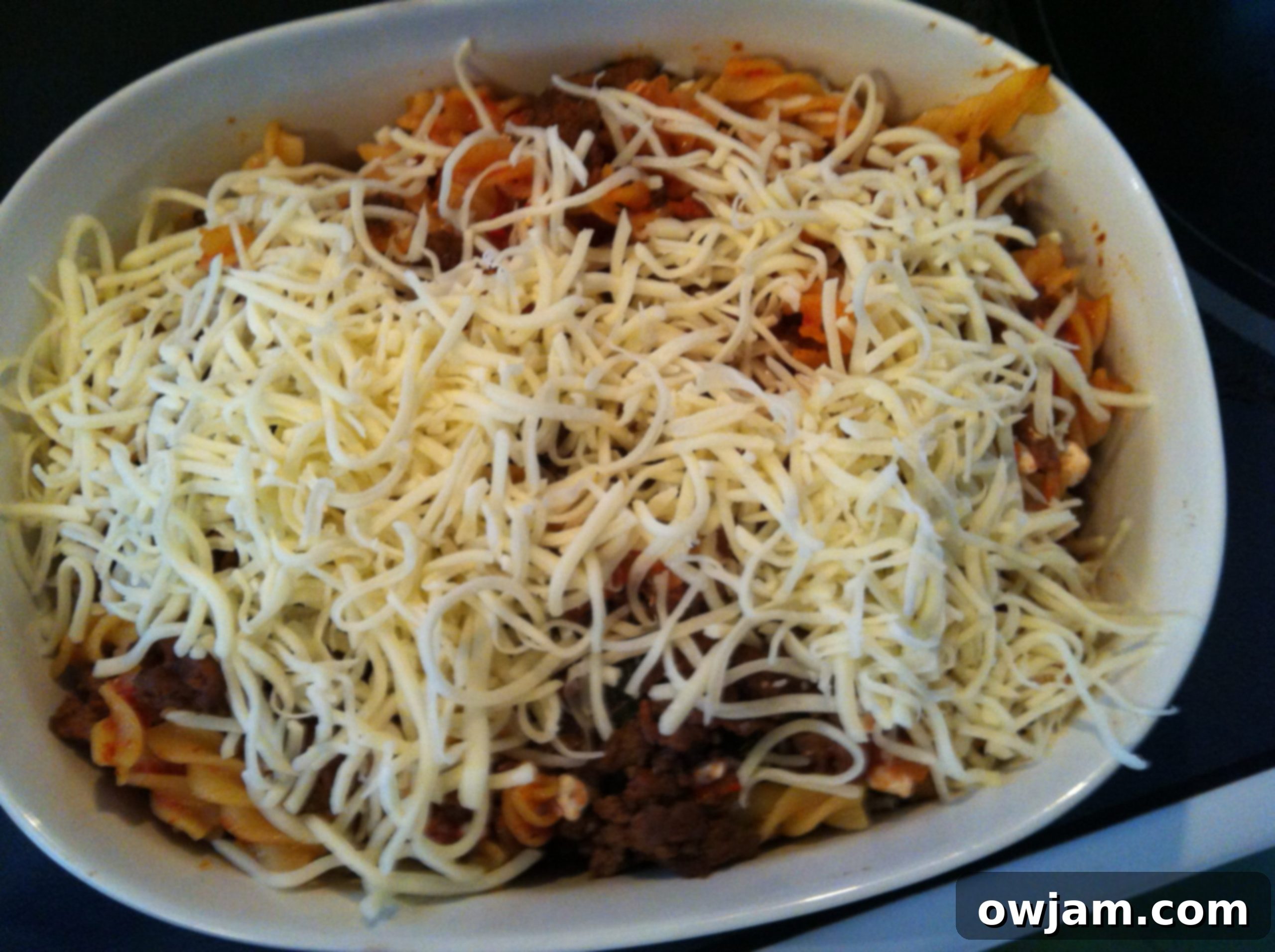 Close-up of cheesy layers in Easy Italian Pasta Bake