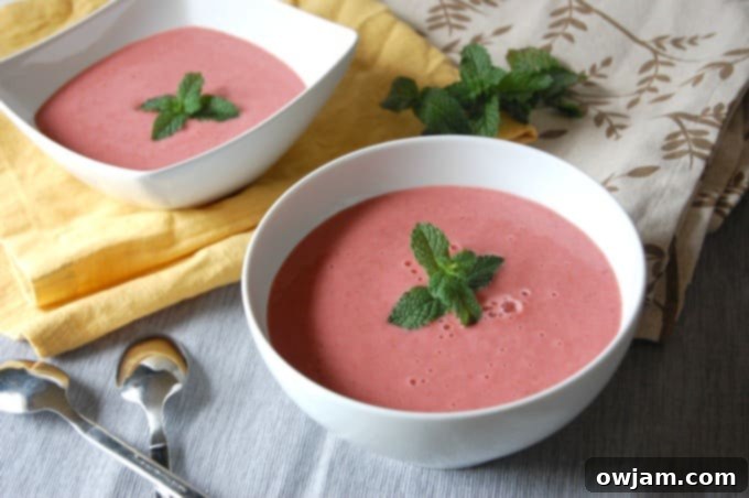 Strawberry Mint Gazpacho in a white bowl. 