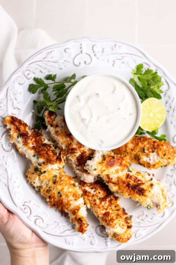Golden brown Coconut Chicken Tenders served on a white plate with fresh lime wedges and cilantro garnish.