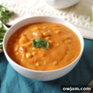 Aromatic Indian Chickpea Vegetable Soup 6 A top-down view of a vibrant Indian Spiced Vegetable Chickpea Soup, garnished with fresh herbs, in a recipe card format.
