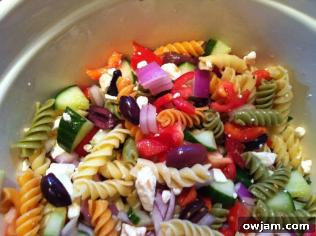 Delicious Greek Pasta Salad ready to be served