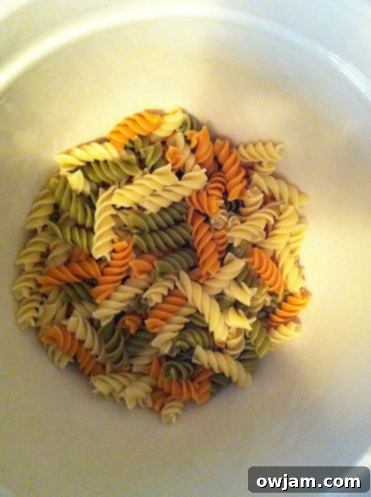 Tri-colored rotini pasta, perfect for Greek Pasta Salad