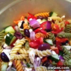 A bowl of delicious Greek Pasta Salad