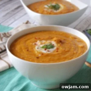 Moroccan Carrot Red Lentil Soup is a meatless soup recipe packed full of flavor! Cumin, turmeric, coriander, paprika and cinnamon compliment the red lentils and carrots, creating a creamy, filling soup.