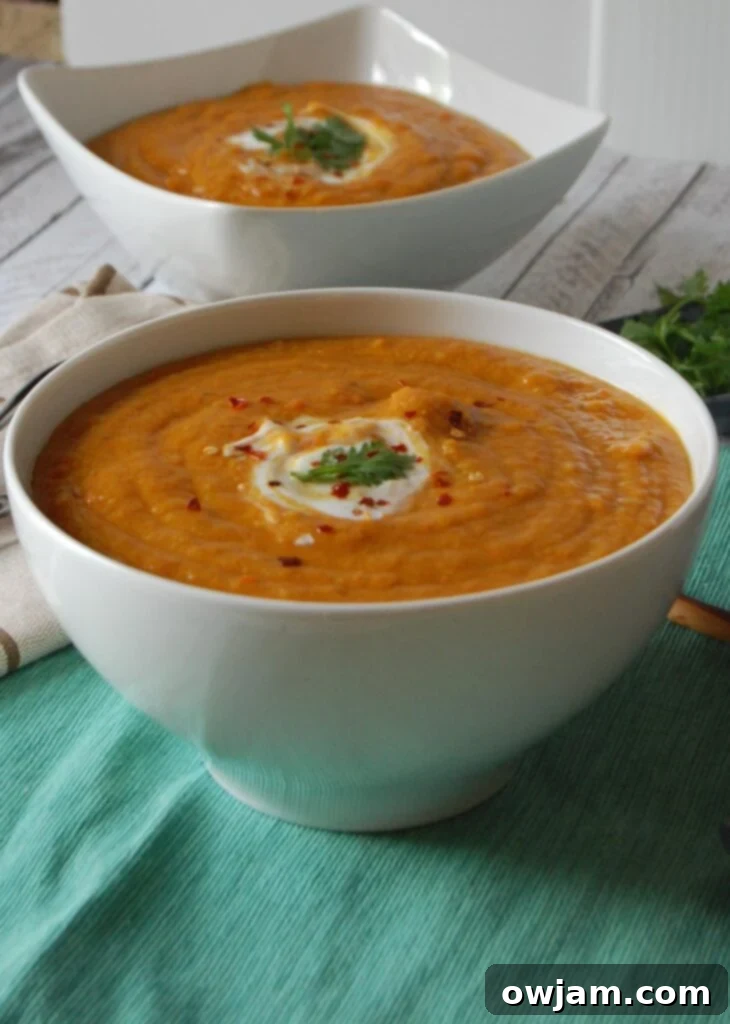 Moroccan Carrot Red Lentil Soup in a white bowl, highlighted by natural light, showing its vibrant color and smooth texture.
