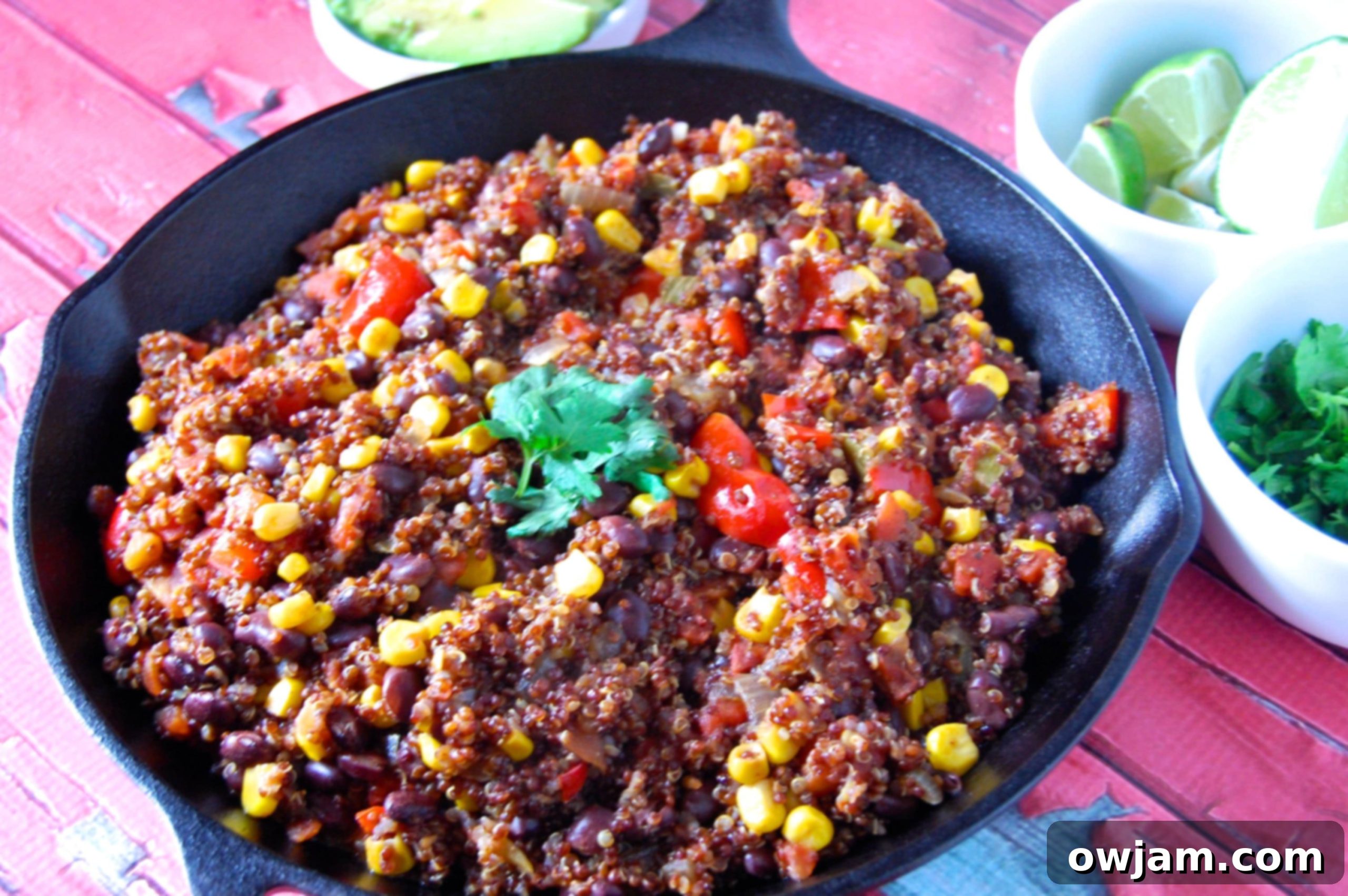 Bowl of fresh One Skillet Southwestern Quinoa with optional toppings