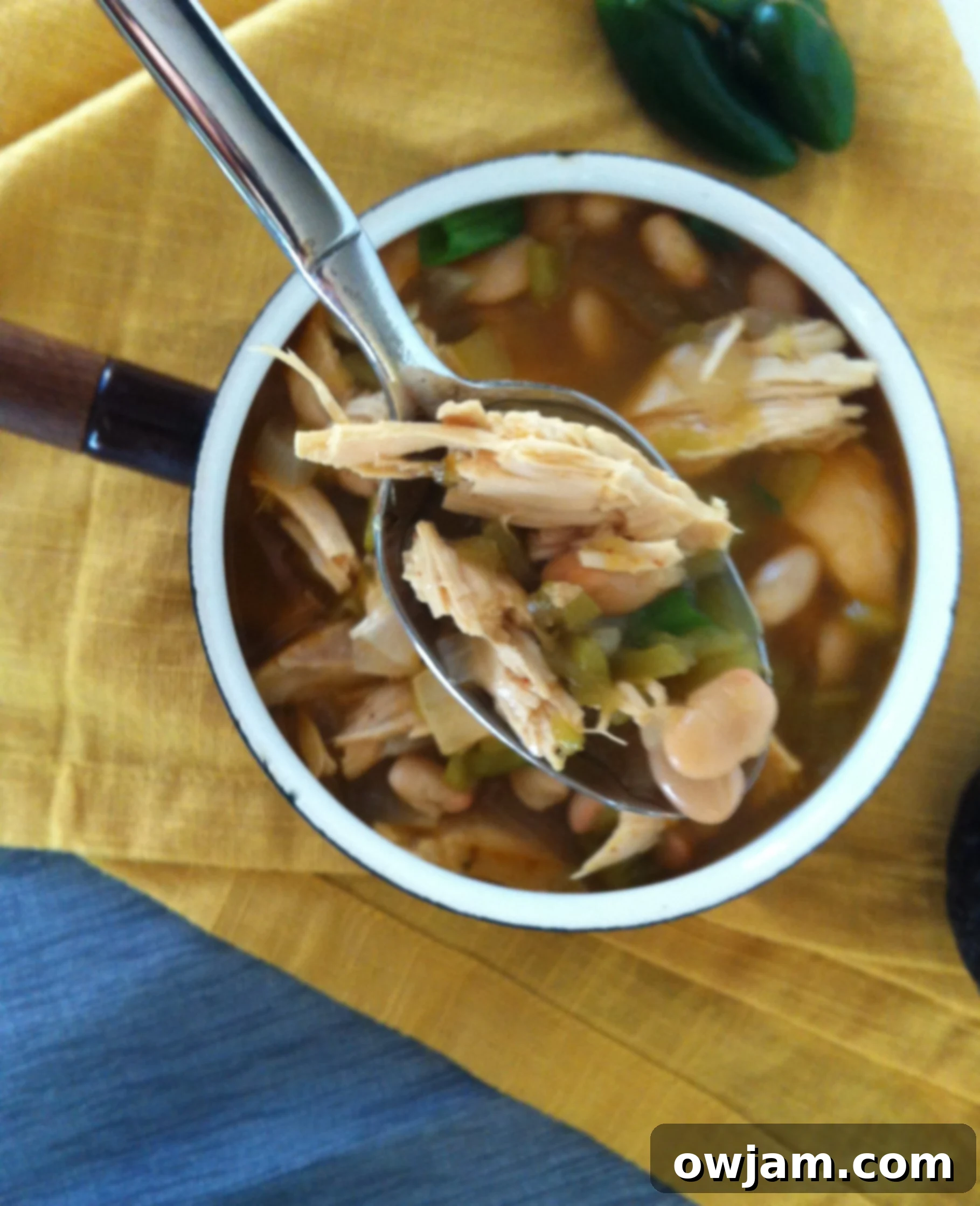 White Chicken Chili in a bowl with a spoon, showing creamy texture and ingredients.