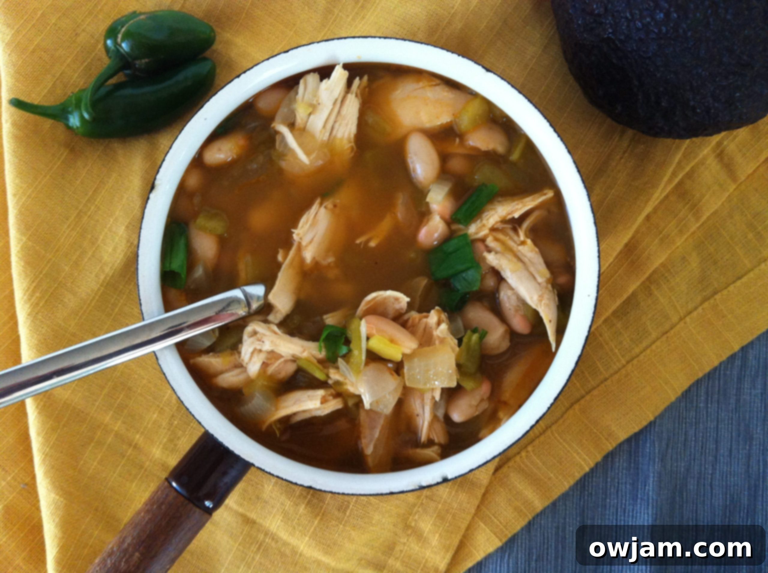 White Chicken Chili in a bowl with tortilla chips and cilantro as garnish.