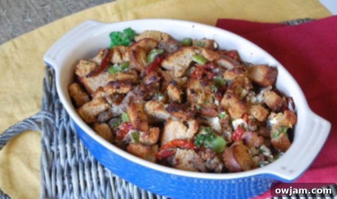 Sausage Goat Cheese Sun-dried Tomato Tuscan Stuffing baked in a dish, ready to serve.