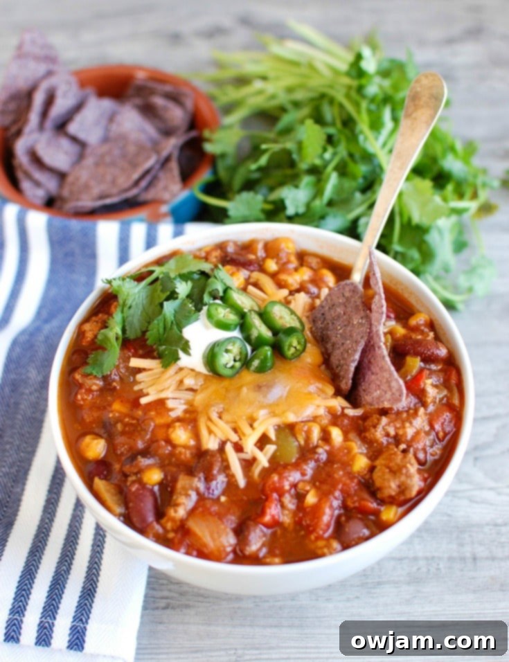 Slow Cooker Turkey Chili served with tortilla chips for dipping