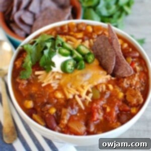 Close-up of a bowl of Slow Cooker Turkey Chili