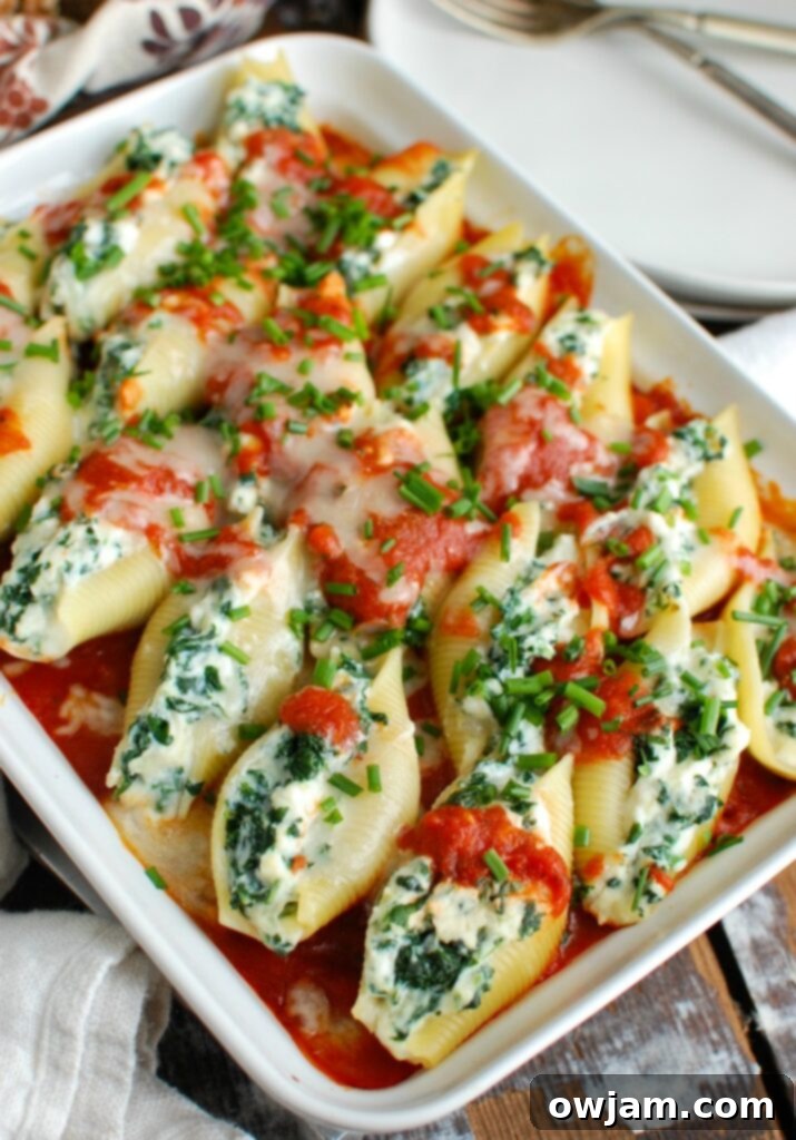 Delicious Stuffed Shells 3 Close-up of baked stuffed shells with cheese and marinara sauce in a baking dish, ready to serve.