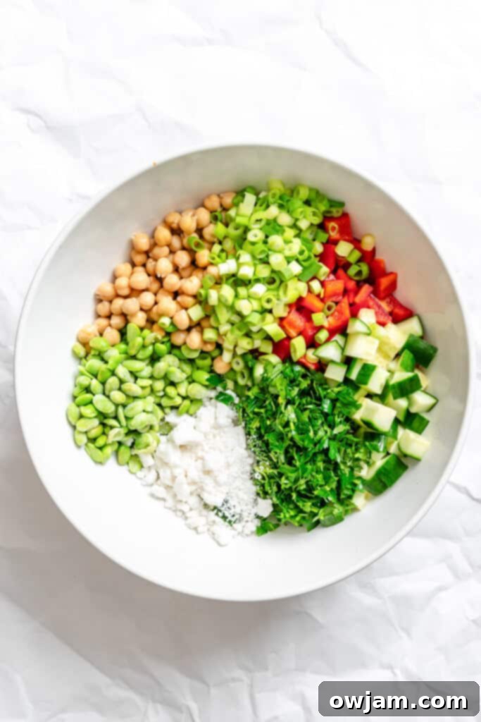 Zesty Edamame Chickpea Feta Bowl 6 Edamame Chickpea Feta Salad ingredients in bowl