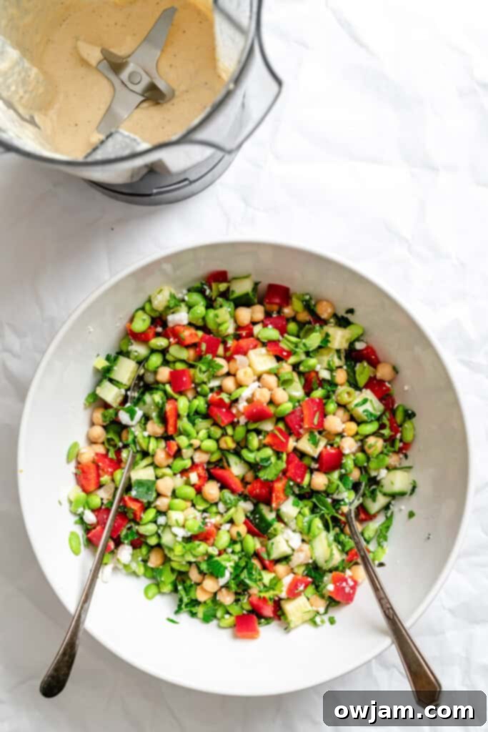 Zesty Edamame Chickpea Feta Bowl 10 Edamame Chickpea Feta Salad with forks