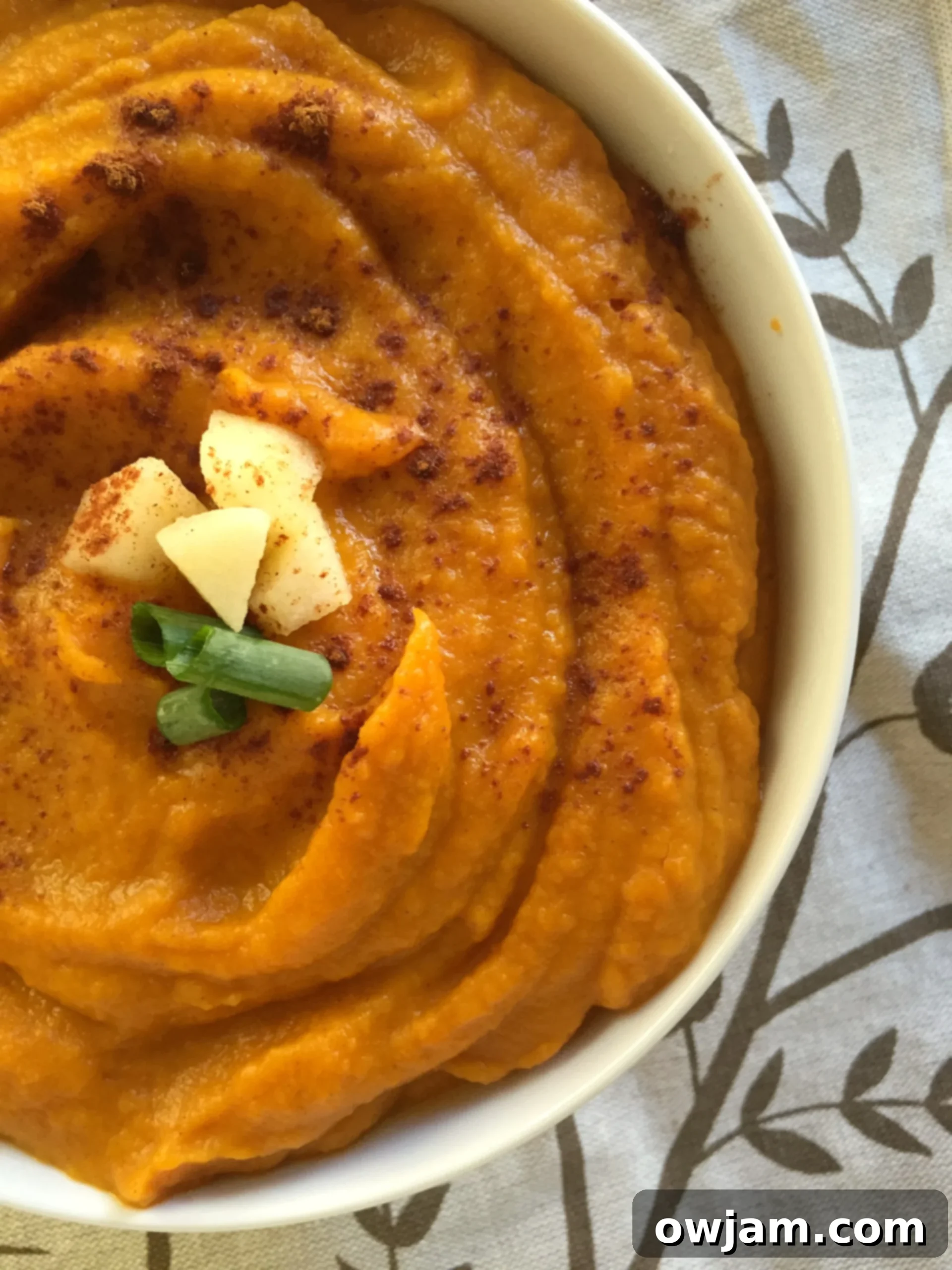 Golden Harvest Comfort 2 Butternut Squash Sweet Potato Apple Soup - a creamy, vibrant, and comforting fall soup with a sprinkle of cinnamon and fresh apple garnish.