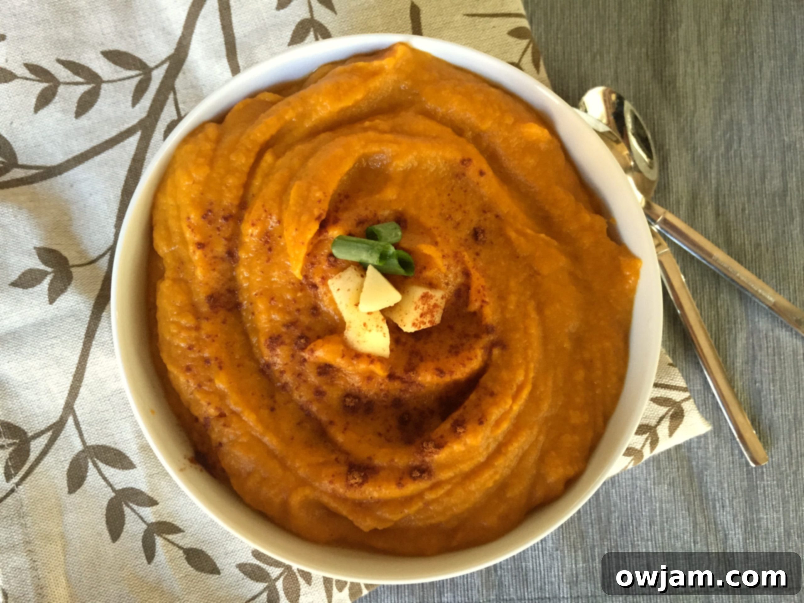 Golden Harvest Comfort 4 Butternut Squash Sweet Potato Apple Soup - a pot of the finished soup, ready to be served, garnished with fresh apple slices and cinnamon.