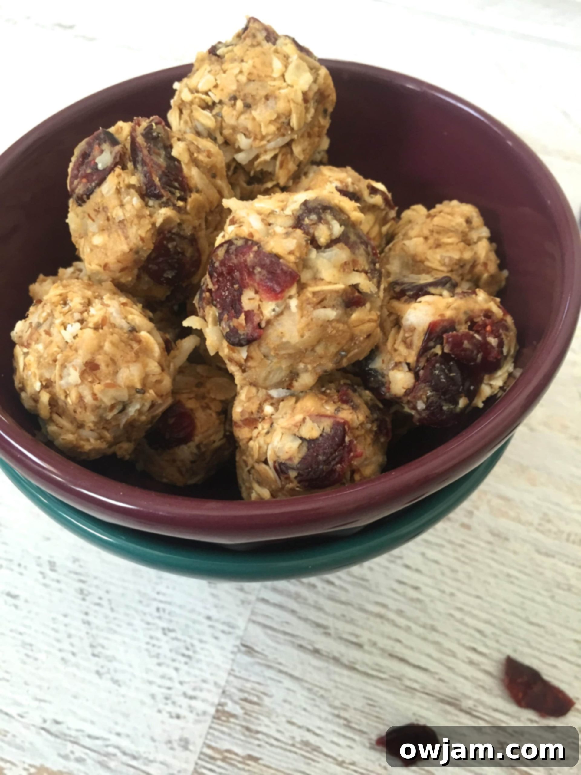 Close-up of freshly made No-Bake Coconut Cranberry Energy Bites, perfect for quick energy