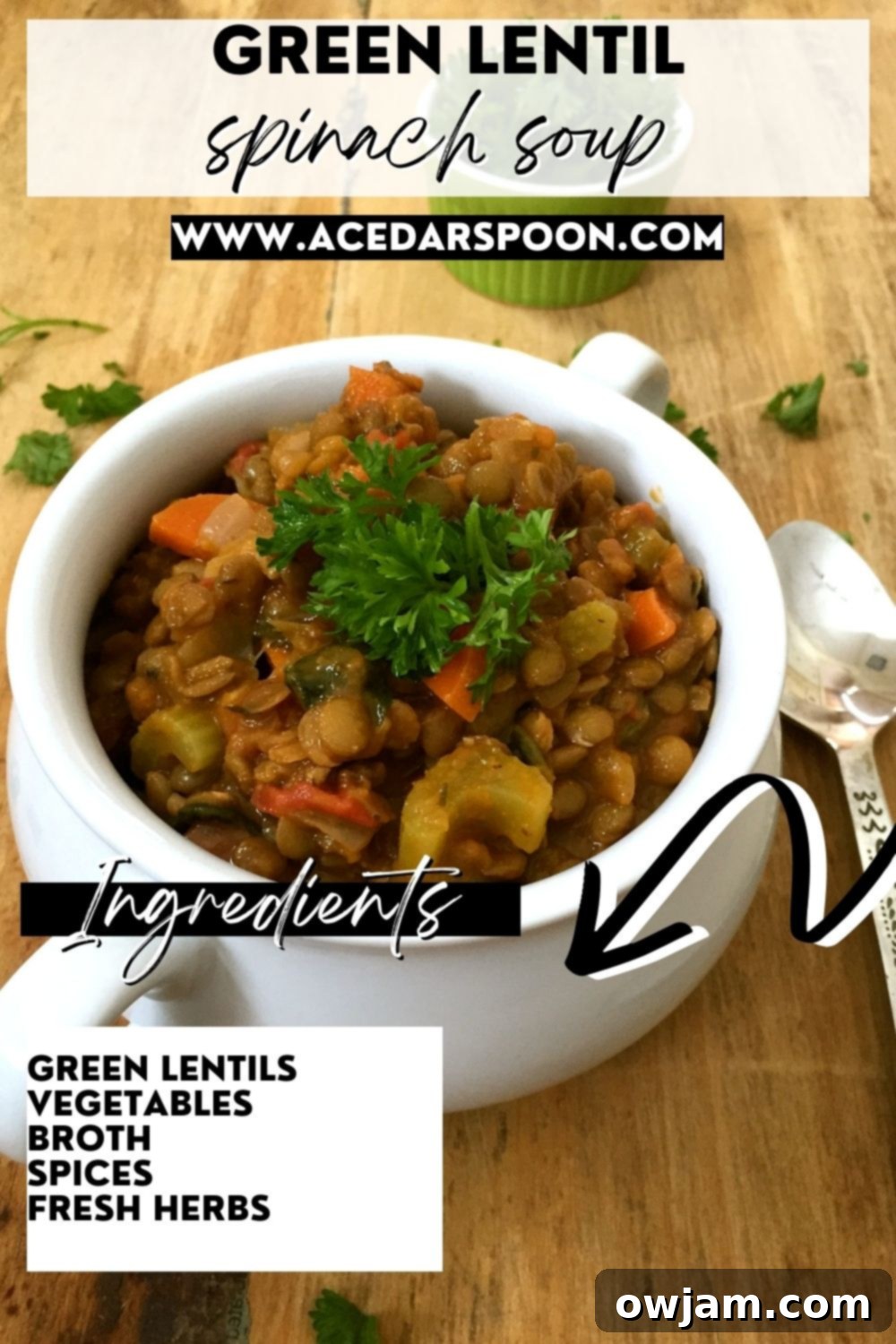 Hearty Green Lentil Spinach Soup 6 A flat lay shot of Green Lentil Spinach Soup served in a bowl with a side of crusty bread and lemon wedges.
