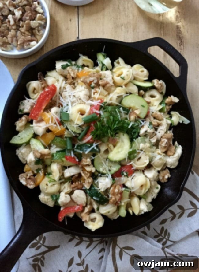30-Minute Skillet Chicken Tortellini 4 Close-up of Chicken Tortellini Skillet with garnishes