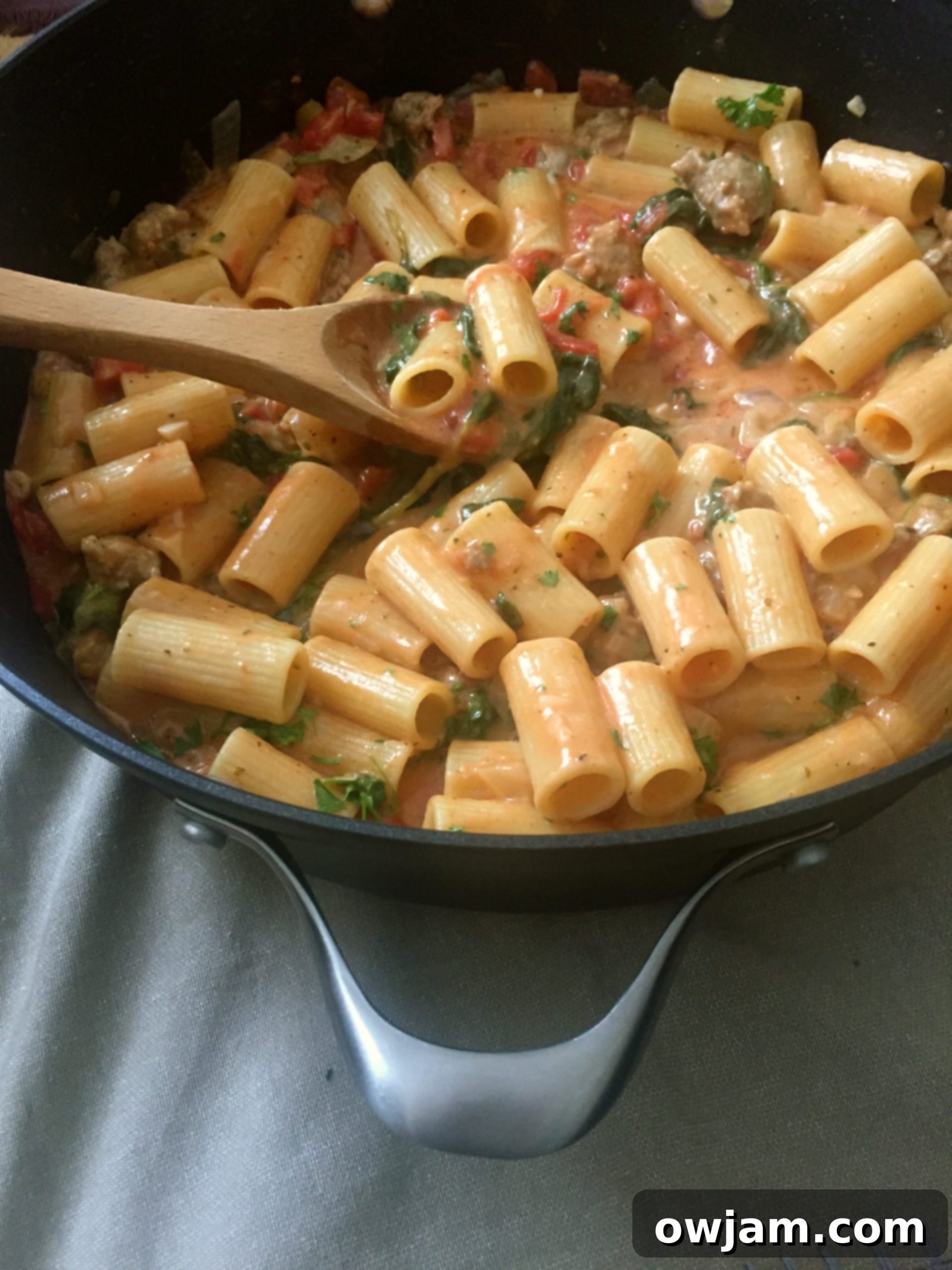 One Pot Cheesy Sausage Pasta, illustrating an easy meal for busy parents