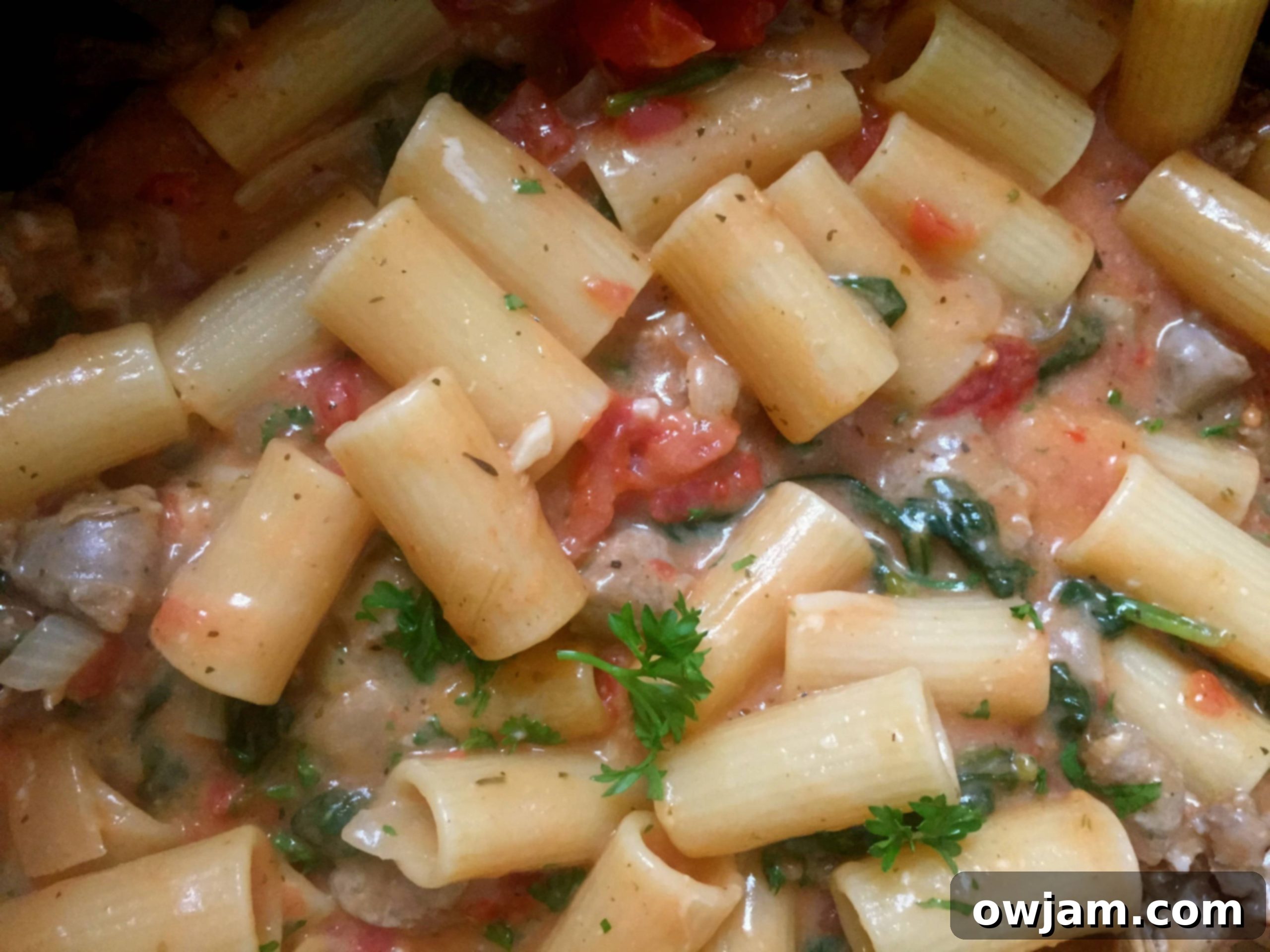 One Pot Cheesy Sausage Pasta in a large pot, ready to serve