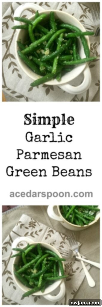 A tall, narrow shot of a bowl filled with garlic parmesan green beans.