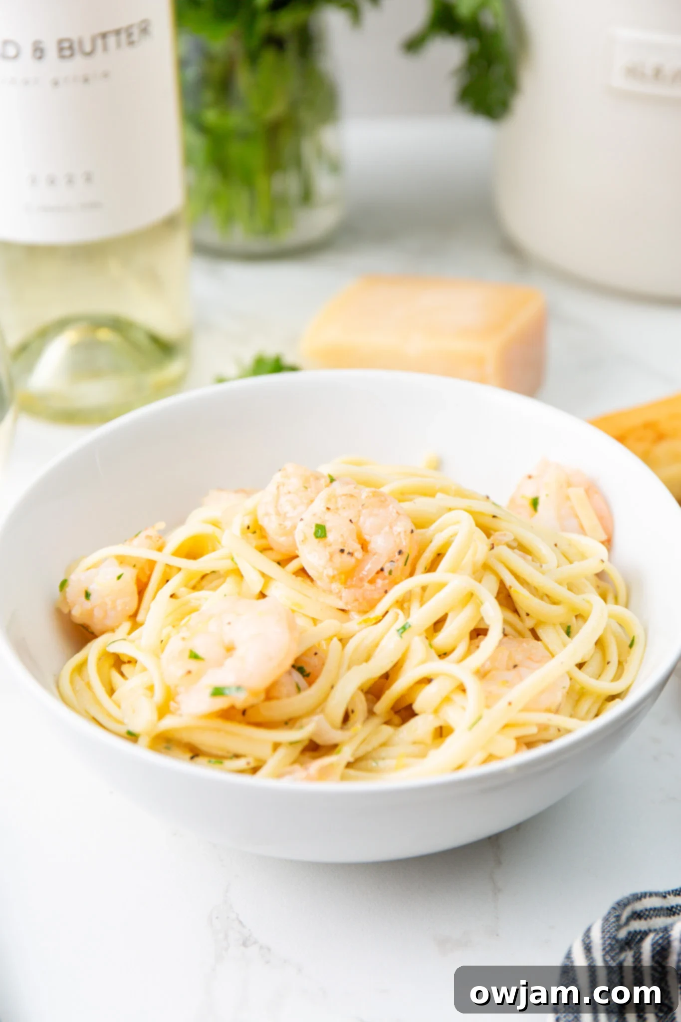 Zesty Lemon Garlic Shrimp Pasta 2 Lemon Garlic Shrimp Pasta served with white wine, garnished with fresh parsley and lemon slices.