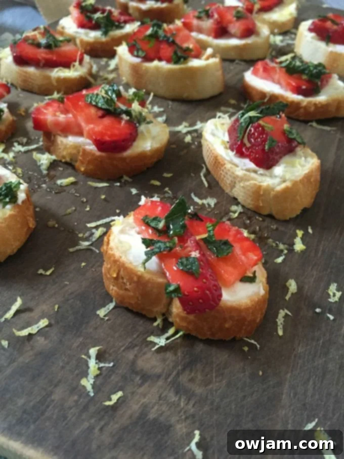 Strawberry Mint Mascarpone Crostini with Zesty Honey Drizzle 3 Close-up of a delicious Strawberry Mint Crostini with Lemon Honey Drizzle, highlighting the fresh ingredients.