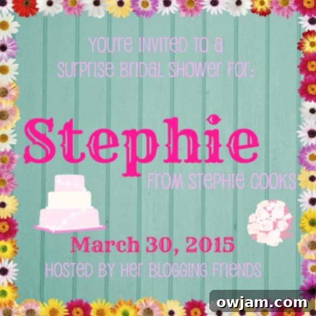 Strawberry Mint Mascarpone Crostini with Zesty Honey Drizzle 4 A festive graphic announcing Stephie's Surprise Shower.