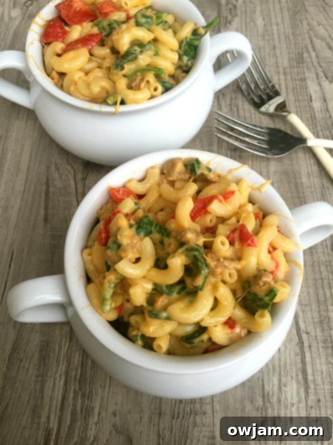 Sausage and Roasted Red Pepper Gouda Macaroni and Cheese 5 Sausage Roasted Red Pepper and Gouda Macaroni and Cheese in a bowl, with a spoon, highlighting its creamy texture.