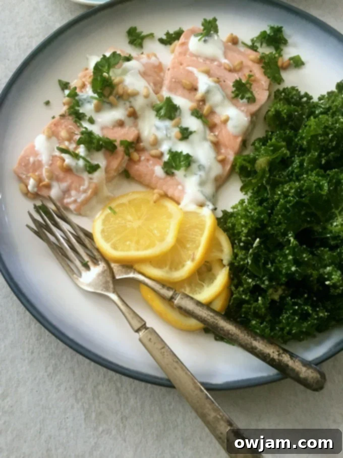 Lemon Baked Salmon with Pine Nuts and Mint Yogurt Sauce - A Quick Mediterranean Dinner